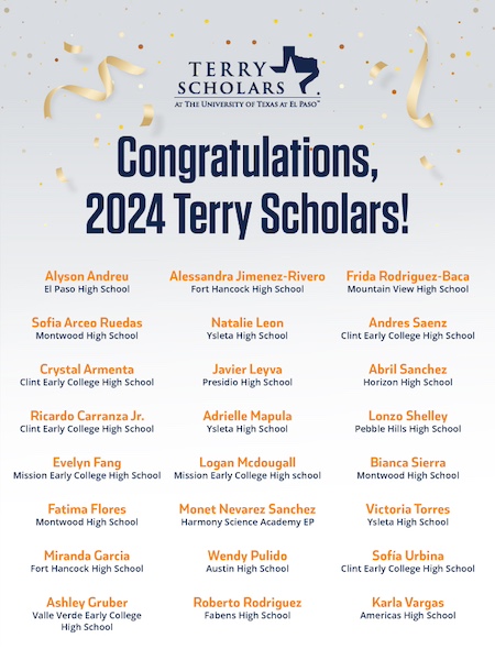 Twenty-four high school seniors will receive full-ride scholarships to attend The University of Texas at El Paso, as well as $5,000 to fund a study-abroad experience, thanks to the Terry Foundation. The cohort includes the first-ever awardees from Fort Hancock, Texas.  
