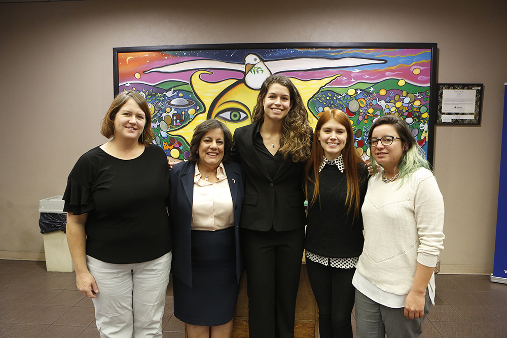 A University of Texas at El Paso delegation presented findings from a nearly yearlong effort to improve water quality at Ascarate Park during a recent El Paso County Commissioners Court meeting. They are, from left, Helen Geller, program manager for UTEP's STEMGrow grant; Ivonne Santiago, Ph.D., civil engineering clinical professor; and students Lindsey Larson, Madison Bencomo and Julieta Saucedo. 