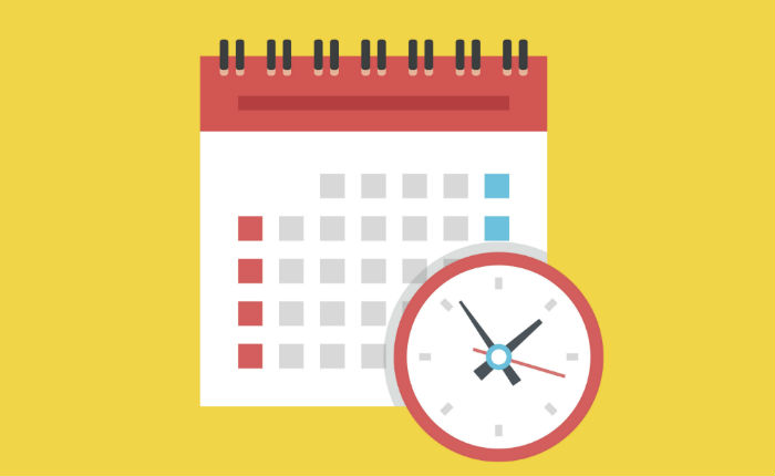 Vector image of a calendar and clock on a yellow background to represent creating a school and work schedule.