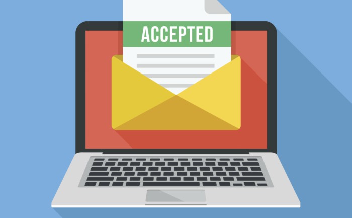 Modern flat vector image of a laptop with university acceptance letter in an envelope 