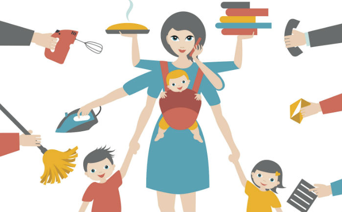 Vector image of single mom with extra arms trying to juggle children, chores, work, and school.