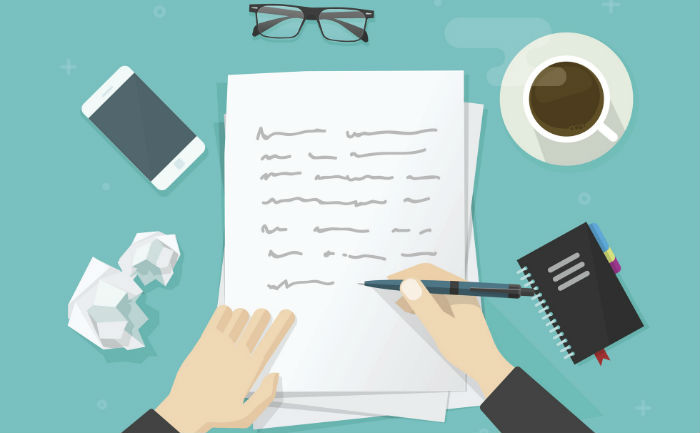 Vector image of person writing on paper that is surrounded by a cup of coffee, a phone, and notebook.