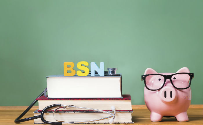 The letters BSN stand atop textbooks with a stethoscope, next to a piggy bank with glasses.