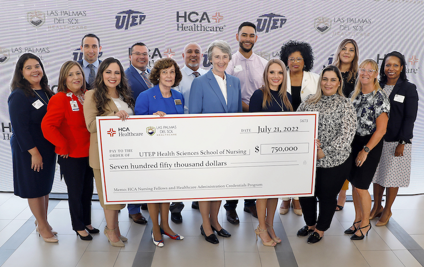 The University of Texas at El Paso and HCA Healthcare — including its El Paso-affiliate Las Palmas Del Sol Healthcare — announced Thursday, July 22, 2022, a four-year partnership to establish graduate nursing fellowships and create a graduate degree to advance healthcare administration. Pictured here are UTEP President Heather Wilson (front row, center) and Leslie Robbins, Ph.D., dean of the School of Nursing (front, third from left) accompanied by members of the inaugural cohort of HCA Fellows. Photo: Laura Trejo / UTEP Marketing and Communications 