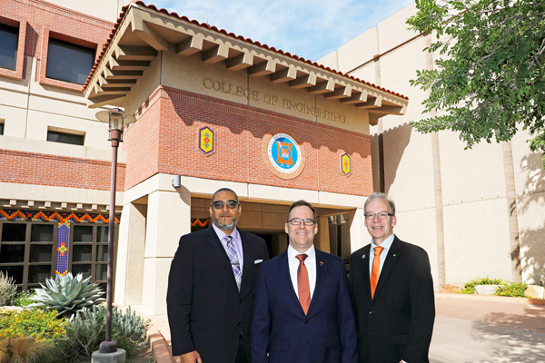As a new member of the NSF Innovation Corps (I-Corps) Hubs initiative, UTEP will receive $1.2 million over 5 years to provide training that will help faculty and students determine if there is a good fit in the marketplace for the products of their research before pushing for commercialization. The UTEP I-Corps team includes, from left, Aaron Cervantes, director of strategic partnerships for the College of Engineering; UTEP College of Engineering Dean Kenith Meissner, Ph.D.; and Thomas Boland, Ph.D., professor of biomedical engineering. Not pictured: Patricia Nava, Ph.D., professor of electrical and computer engineering. Photo: Laura Trejo / UTEP Marketing and Communications 