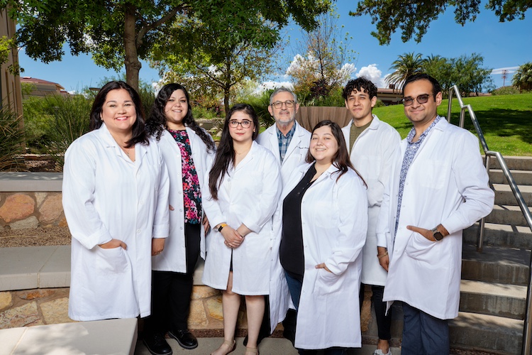 Researchers at The University of Texas at El Paso will undertake a new study that could lead to improved nicotine cessation treatments for women. The work is supported by a $2.5 million grant from the National Institute on Drug Abuse, part of the National Institutes of Health. Principal Investigator Laura O'Dell, Ph.D. (left), a professor in the Department of Psychology at UTEP, will lead the multidisciplinary project. Her team includes (from left to right) Veronika Espinoza, graduate student; Priscilla Giner, graduate student; Luis M. Carcoba, M.D., Ph.D., research assistant professor in the Department of Psychology; Tiffany Gonzalez-Gutierrez, graduate student; Sebastian Ortegon, graduate student; Omar Lira, program manager; Arshad Khan, Ph.D. (not pictured), professor in the Department of Biological Sciences; and Ian Mendez, Ph.D. (not pictured), associate professor in the School of Pharmacy. 