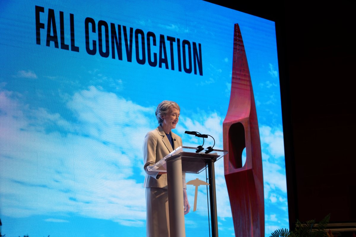 Image of UTEP President Wilson at the podium delivering the State of the University Address at Fall Convocation. Research at UTEP is getting a game-changing, historic boost thanks to support from the Regents’ Research Excellence Program. The program will allow UTEP to recruit 69 new researchers to advance discovery in multiple fields. UTEP President Heather Wilson announced the annual $12 million research allocation at the University’s Convocation Ceremony Friday. Image of Mining Minds pickaxe sculpture on UTEP campus.  