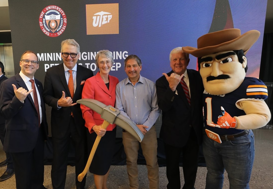 Today, The University of Texas System (UT System) Board of Regents Chairman Kevin P. Eltife announced a significant $20 million investment in UTEP to reestablish its Mining Engineering Program. From left: UTEP College of Engineering Kennith Meissner, University of Texas System Chancellor James B. Milliken, UTEP President Heather Wilson, UT System Board of Regents Chairman Kevin Eltife, UTEP alumnus and non-executive chairman of board Peabody Energy Bob Malone, and UTEP mascot Paydirt Pete. 