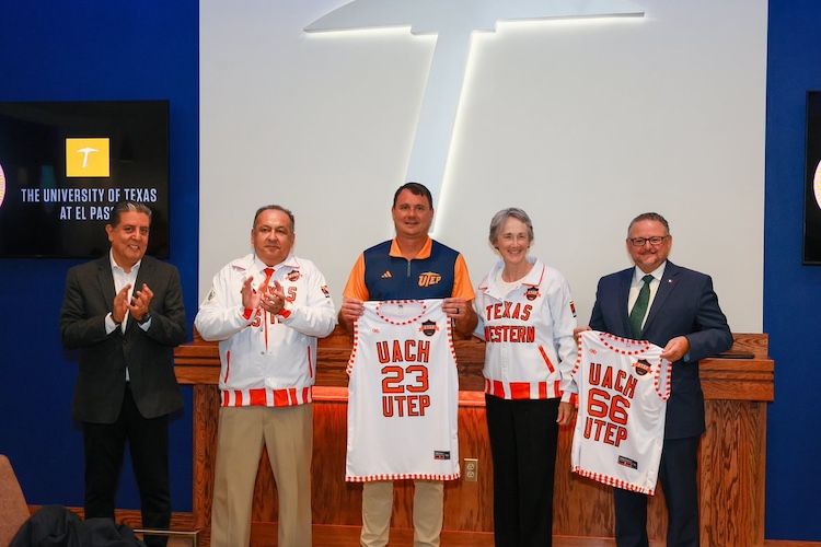 The UTEP men’s basketball team will make history by playing a game in Mexico for the first time. The Miners will face Universidad Autonoma de Chihuahua (UACH) in an exhibition contest on Saturday, Oct. 19. From left to right: UACH Athletic Director Oscar Erives; UACH President Luis Alfonso Rivera; UTEP Men’s Basketball Head Coach Joe Golding; UTEP President Heather Wilson; and Consul General of Mexico in El Paso Mauricio Ibarra. 