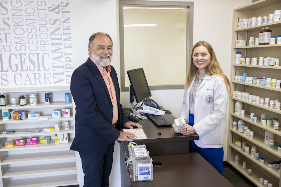 Following a rigorous six-year process, The University of Texas at El Paso's School of Pharmacy has been granted full accreditation by the Accreditation Council for Pharmacy Education. Pictured: José O. Rivera, Pharm.D., founding dean of the UTEP School of Pharmacy, with Heather Howell, a student in the School of Pharmacy expected to graduate in 2024. Photo: Ivan Pierre Aguirre / UTEP Communications 