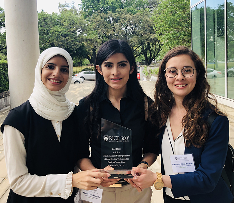 A team of UTEP undergraduates students won second place for its presentation of low-cost health technologies during the Rice 360° Ninth Annual Undergraduate Global Health Technologies Design Competition at Rice University. Laila Al Saihati (left), Paulette Ramirez and Abril Chavez made up one of about 80 teams representing universities from throughout the world who competed at the competition, which is designed to prepare students to lead tomorrow’s global health workforce. 