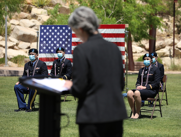 Nine ROTC cadets from The University of Texas at El Paso raised their right hands and became commissioned officers in the U.S. Army during a ceremony Friday, May 15, 2020, at UTEP’s Centennial Plaza. Photo: JR Hernandez / UTEP Communications 
