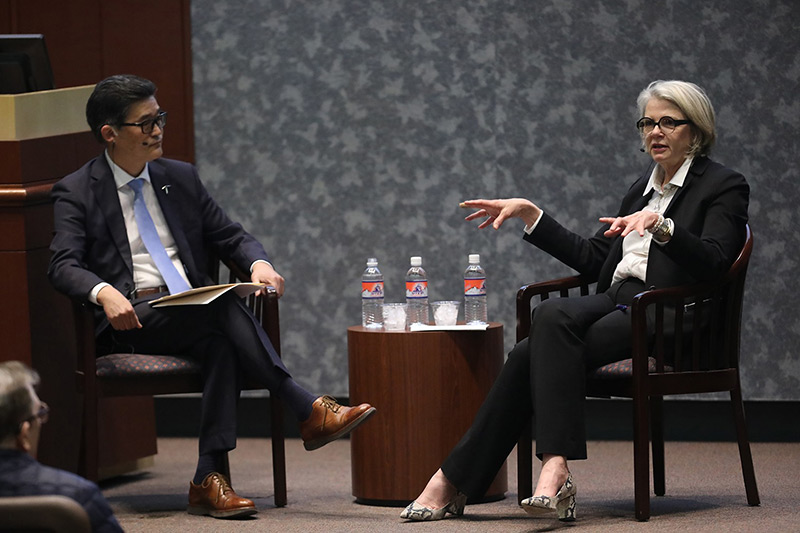 Margaret Spellings, CEO of Texas 2036, visited The University of Texas at El Paso to deliver a Centennial Lecture on the topic 'The Future of Higher Education' on Feb. 18, 2020, at the Undergraduate Learning Center. Photo: J.R. Hernandez / UTEP Communications 