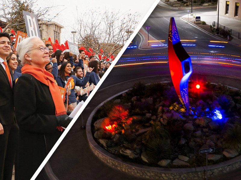 The University of Texas at El Paso will illuminate the 'Mining Minds' pickaxe sculpture at the campus' Sun Bowl-University Roundabout in blue and orange each evening from Monday through Wednesday, Aug. 12-14, 2019, to celebrate the 31-year leadership tenure of UTEP President Diana Natalicio. 