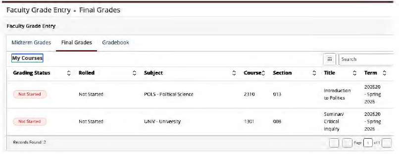 Screenshot of final grades