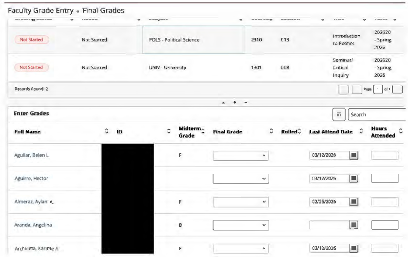 Screenshot of final grades window