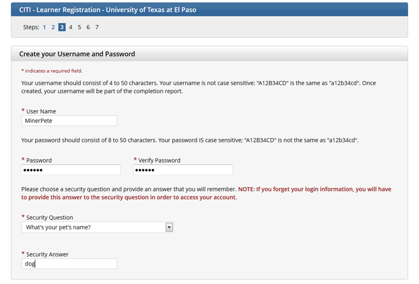 Create your username and password