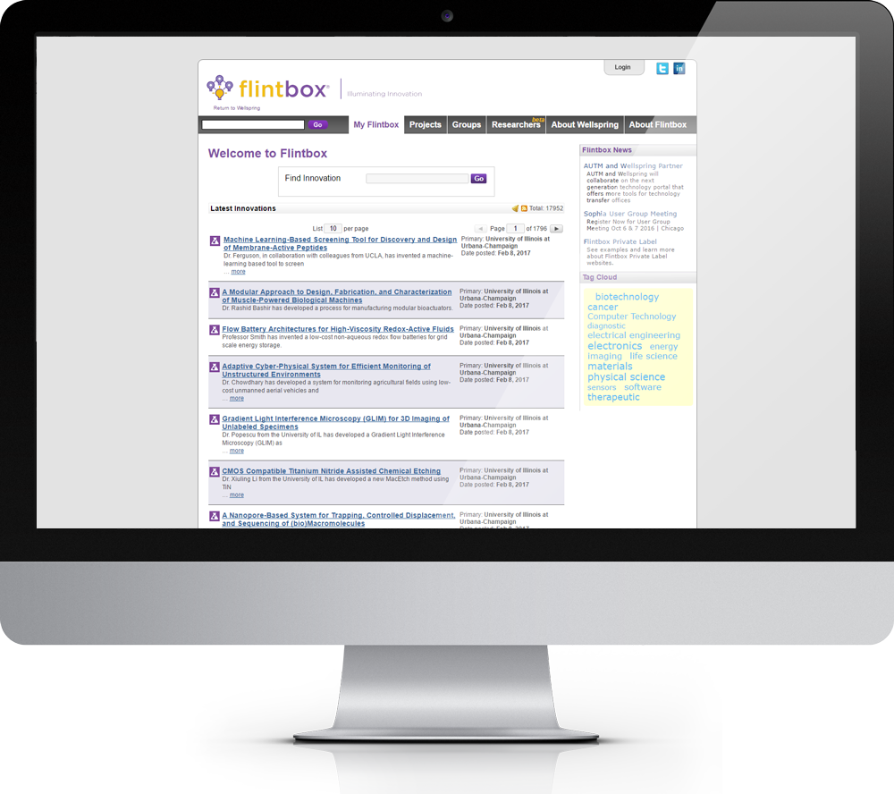Desktop computer displaying the Flintbox innovation platform interface, featuring navigation menus, a search bar, and a list of technology and research innovations available for licensing and collaboration.